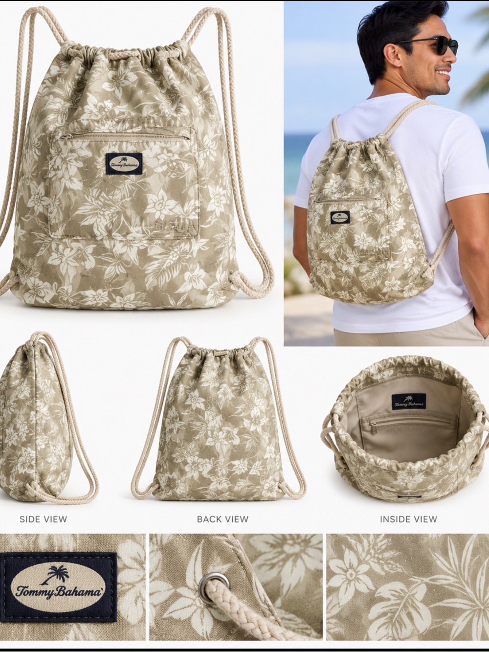Tommy Bahama Beige Floral Drawstring Backpack